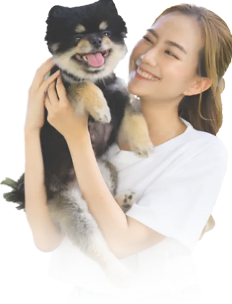 白いTシャツを着た女性が、笑顔で黒と茶色の柴犬を抱きかかえている。犬も舌を出して楽しそうな表情をしている。
